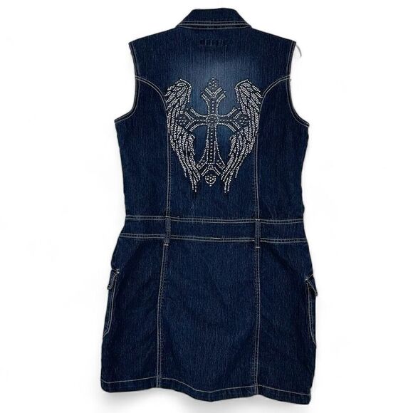 Y2K Clash Embellished Denim Dress Large Wings Cross Punk Goth Cowgirl Western - Picture 8 of 12